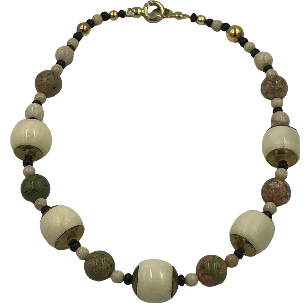 Unakite Jasper Agate Gold Collar Boho Gemstone Necklace Jewelry
